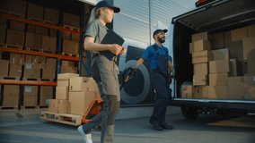 Outside of Logistics Distributions Warehouse: Diverse Team of Workers use Hand Truck Start Loading Delivery Truck with Cardboard Boxes, Online Orders, E-Commerce Purchases. Tracking Following Shot - Powered by Shutterstock - Get 15% off with code: PIKWIZARD15