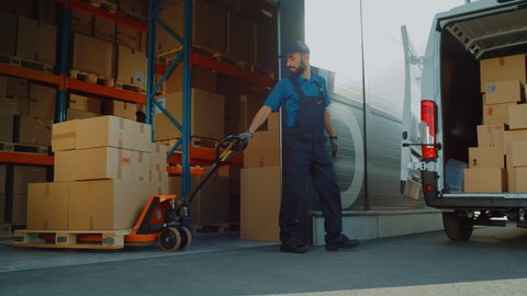 Outside of Logistics Distributions Warehouse: Diverse Team of Workers use Hand Pallet Truck Start Loading Delivery Truck with Cardboard Boxes, Online Orders, Purchases, E-Commerce Goods. Slow Motion