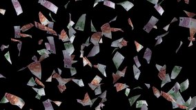 Millions of euros falling down money rain on black background. Flawlessly looped video footage of 3D rendered paper banknote money flying in infinite flow on black background. 