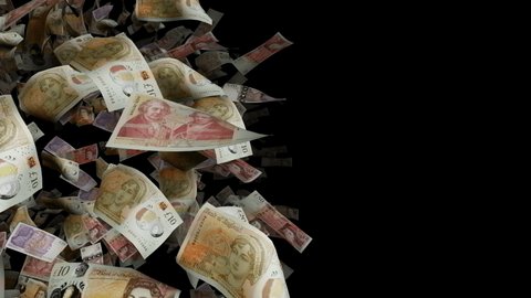 British pounds paper bills rotating in space on black background. Flawlessly looped video footage of 3D rendered paper banknote money flying in infinite flow on black background. 