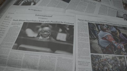 New York , New York  United States - July 7, 2021: Newspaper coverage of Jacob Zuma, Former South African President, Is Arrested