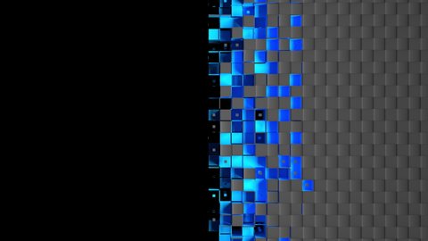 Blue square cells form the carbon shutter that goes to the right and hide the black screen. Nanotech abstract 3D animation, transition intro with alpha channel as matte mask and chroma key color id.