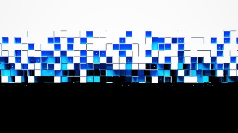 Blue square cells form the white shutter that rises up and hide the black screen. Nanotech abstract concept. 3D animated transition intro with alpha channel as matte mask and chroma key color id.