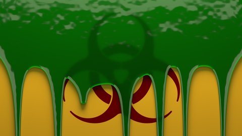 Green poison drips on a warning symbol background. Toxic virus liquid flowing down in streams the surface with red biohazard sign on yellow, drops forming streaks. 3D animation with alpha matte mask.