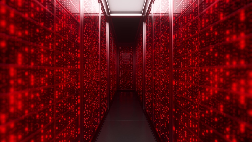 Server racks in server interior room data center. Server room center exchanging cyber datas and connections. Network security. Working red Data Center. Supercomputer Technology Concept. 3d Animation Royalty-Free Stock Footage #1075575332