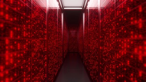 Server racks in server interior room data center. Server room center exchanging cyber datas and connections. Network security. Working red Data Center. Supercomputer Technology Concept. 3d Animation