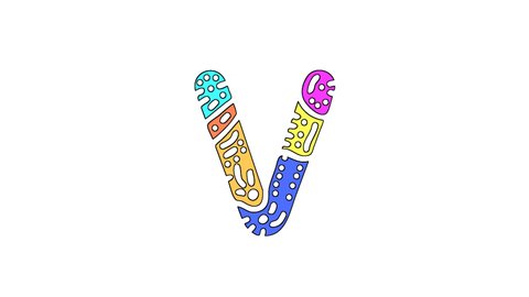 Letter V isolated on clear White background. 4K video. Animated cartoon Unique font. Colorful bright contrasting fun doodle symbol, ornament. Capital Letter V for logo, icon, user interface, app, game