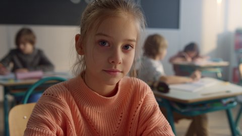 Portrait Cheerful Girl Sitting Desk Elementary Stock Footage Video (100 ...