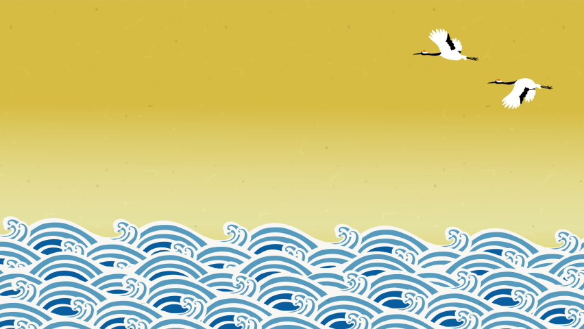 Video of sea waves crashing and two cranes are flying. New Year background video.