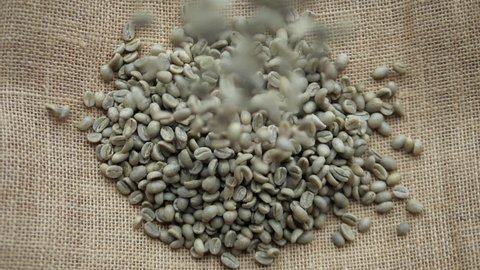 Unroasted raw green coffee beans on a burlap sack. Sackcloth bag with falling fresh beans, slow motion, top view