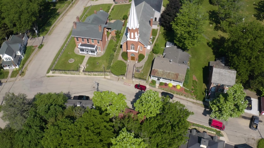 Birds Eye View of Small Church on Main Street USA in Rural Town