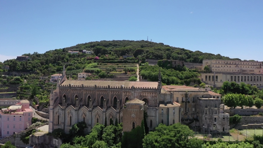 Gaeta, Latina, Italy, the ancient port, the churches and the Aragonese castle.
Aerial shot with drone of the coast of Gaeta