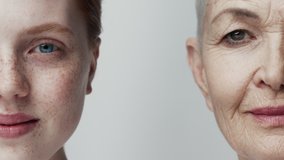 Two Woman Smiling Looking at Camera. Red Head Youth and Gray Mature Person View Close-up. People Emotion of Generation 20s and 60s years. Anti Age Wellness Health Concept. Smooth Pure Body Collagen 4k - Powered by Shutterstock - Get 15% off with code: PIKWIZARD15