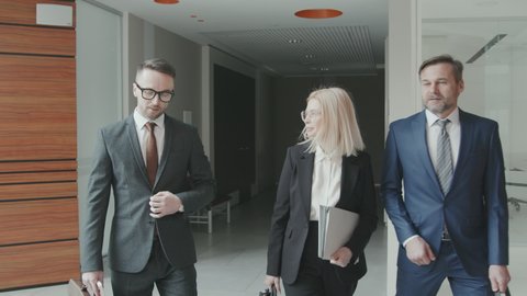 Medium tracking slowmo of team of successful lawyers in formalwear having conversation about case while walking through modern office
