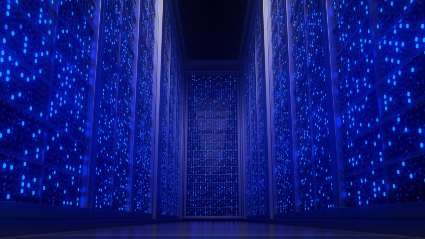 Network and data powerful servers behind glass panels in a server room of a data center or ISP. Racks of Blinking twinkling LED blue Lights. Futuristic or IT background. 3d Animation Royalty-Free Stock Footage #1075597058