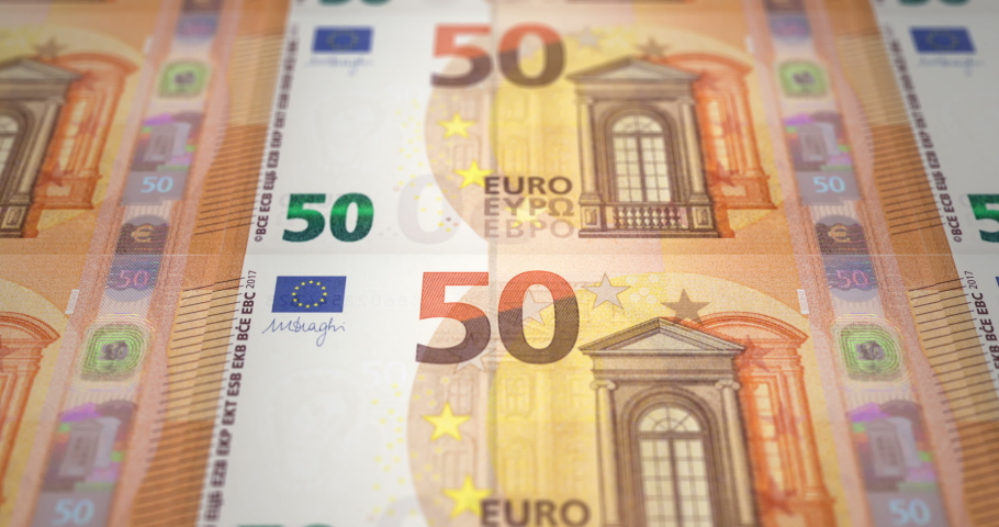 Banknotes of fifty euros on print passing on screen Royalty-Free Stock Footage #1075600127