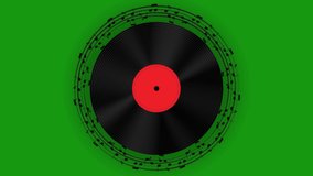 Rotating Musical Vinyl Record With Notes On green Background