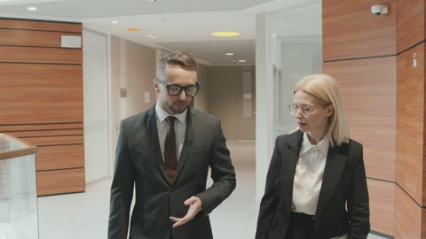 Medium tracking shot of couple of lawyers or business partners in formalwear talking while walking through modern office