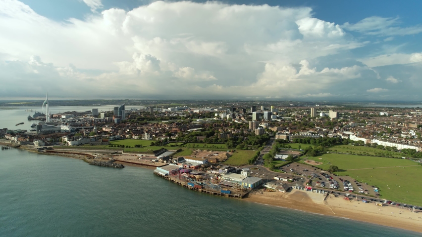 Panorama Of Hovercraft Terminal And The Portsmouth Cityscape In Isle of Wight, UK. aerial