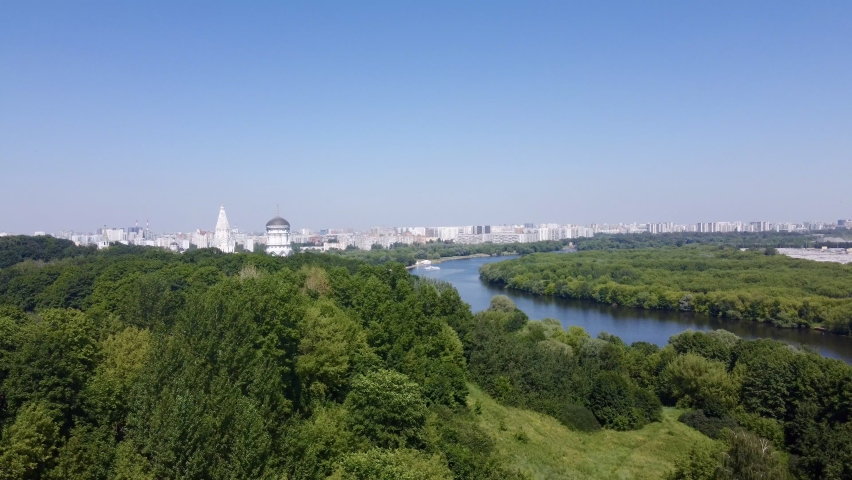 Aerial view of the Moskva River in the Kolomenskoye park-reserve, Moscow, Russia