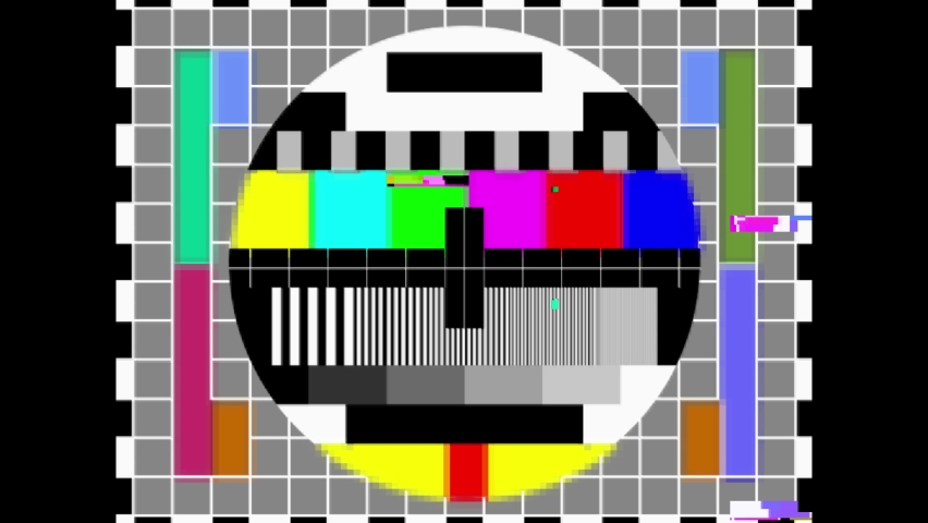 Glitch effect retro TV. SMPTE color bars with glitch effect. SMPTE color stripe technical problems. Test pattern from a tv transmission with colorful bars. Color Bars data glitches. Royalty-Free Stock Footage #1075611593