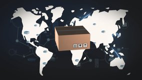 Worldwide package distribution digital map. Cardboard box in front of world map, lines show transport routes. Digital animation. - Powered by Shutterstock - Get 15% off with code: PIKWIZARD15