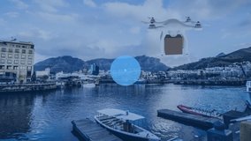Animation of network of connections with icons over drone carrying parcel. global shipping, connections, technology and digital interface concept digitally generated video.