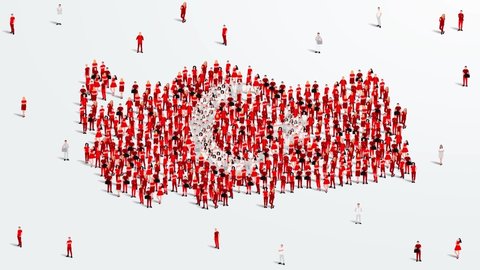 Turkey Map and Flag. A large group of people in Turkish flag color form create the map. 4K Video Animation.