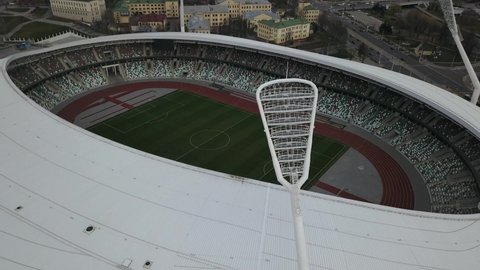 Dynamo stadium in Minsk. Dynamo International Stadium. Belarusian stadium. Stadium in Belarus. Aerial video view from the height
