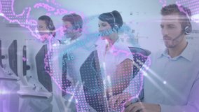 Animation of globe and data processing over business people wearing phone headsets. business, connection, technology and digital interface concept digitally generated video.