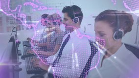 Animation of globe and lines map over business people wearing phone headsets. business, connection, technology and digital interface concept digitally generated video.