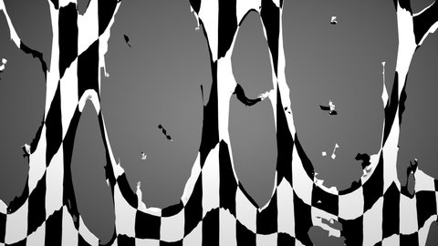 Auto racing flag. Checkered pattern textured fabric material torn to shreds, holes revealing the gray background. CG simulation, 3D animated intro. Alpha channel as matte mask included.