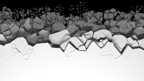 White wall surface cracks and comes crashing down from above revealing a black background. 3D animated intro, alpha channel as matte mask included.