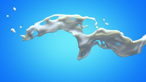 Splash of Milk on blue background. 3D animation of white liquid, alpha channel as matte mask included.