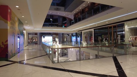 Chatswood, Sydney, Australia - JUN 2021:Empty shopping mall, closed shops, department store chain, store closure in Chatswood westfield during Covid-19 virus pandemic lockdown as stay at home order