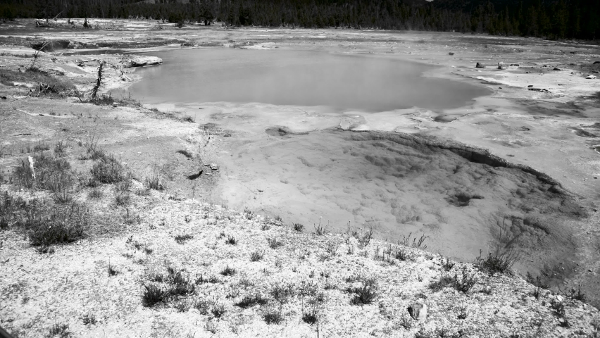 Black and white view of thermal pool in Yellowstone