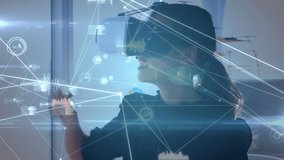 Animation of network of connections over woman wearing vr headset. global connections, data processing, digital interface and technology concept digitally generated video. - Powered by Shutterstock - Get 15% off with code: PIKWIZARD15