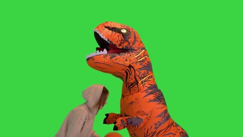 Girl playing basketball with a man in dino costume on a Green Screen, Chroma Key.