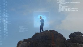 Animation of scope scanning and data processing over man in mountains. global data processing, digital interface and technology concept digitally generated video. - Powered by Shutterstock - Get 15% off with code: PIKWIZARD15