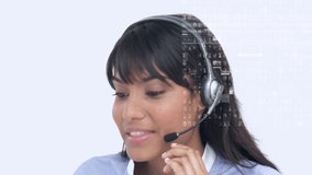 Animation of binary coding data processing over businesswoman using phone headset. global business, data processing, digital interface and technology concept digitally generated video. - Powered by Shutterstock - Get 15% off with code: PIKWIZARD15