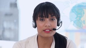 Animation of globe of connections over businesswoman using phone headset. global business, data processing, digital interface and technology concept digitally generated video.