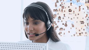 Animation of globe of connections with people photographs over businesswoman using phone headset. global business, data processing, digital interface and technology concept digitally generated video. - Powered by Shutterstock - Get 15% off with code: PIKWIZARD15