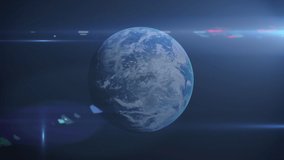 Animation of data processing and glowing light trails over planet earth. global networks, digital interface and technology concept digitally generated video.