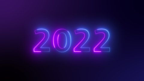 top ten countdown neon light bright glowing numbers from 10 to 1 seconds and HAPPY NEW YEAR 2022. Purple and blue Neon Countdown on dark background. Running dynamic light  Numbers animated for intros