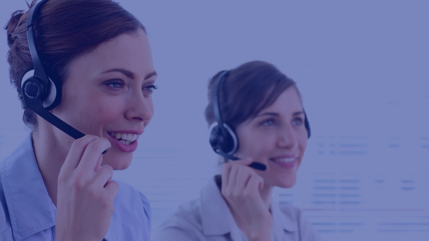 Animation of processor circuit board over business people using phone headsets. global business, data processing, digital interface and technology concept digitally generated video.