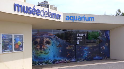 Biarritz, France - July 2021 : Entrance of the Sea Museum and aquarium in Biarritz