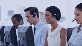 Animation of numbers changing over business people wearing phone headsets. business, networking, connections, technology and digital interface concept digitally generated video.