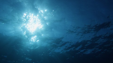 Underwater Godrays effect. Sun beams penetrating wavy ocean surface. Ocean background light shafts VFX element. Underwater tropical marine footage. Diving, snorkeling paradise. Summer vacation.