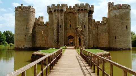 EAST SUSSEX, circa 2021 - Cinematic view of Bodiam Castle, a moated castle near Robertsbridge in East Sussex, England, built in 1385 by Edward Dalyngrigge