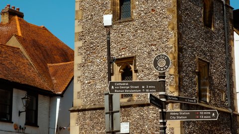 ST ALBANS, circa 2021 - Close-up of St Albans clock tower in Hertfordshire, England, UK, built in 1405, the only remaining medieval town belfry in England